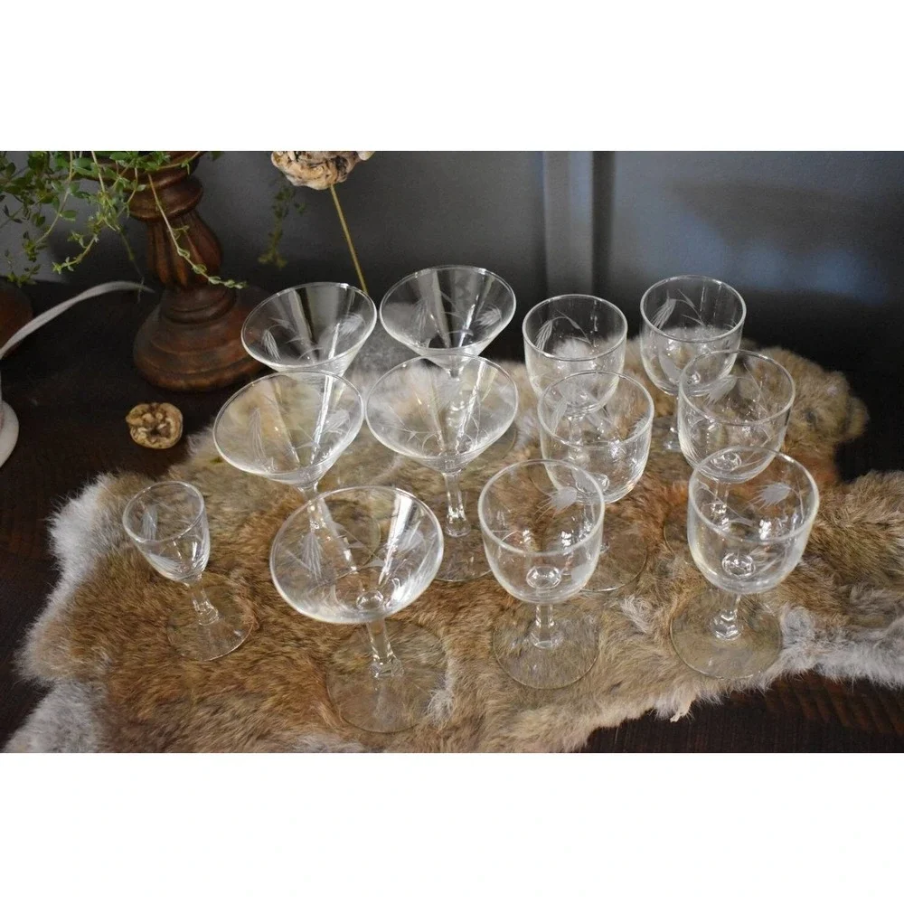 vtg Wheat Sasaki crystal wine cocktail multi sided stem barware set‎ glassware